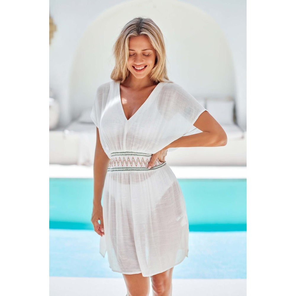 White Smocked Embroidered Swim Cover Up Dress - Picture 5 of 8